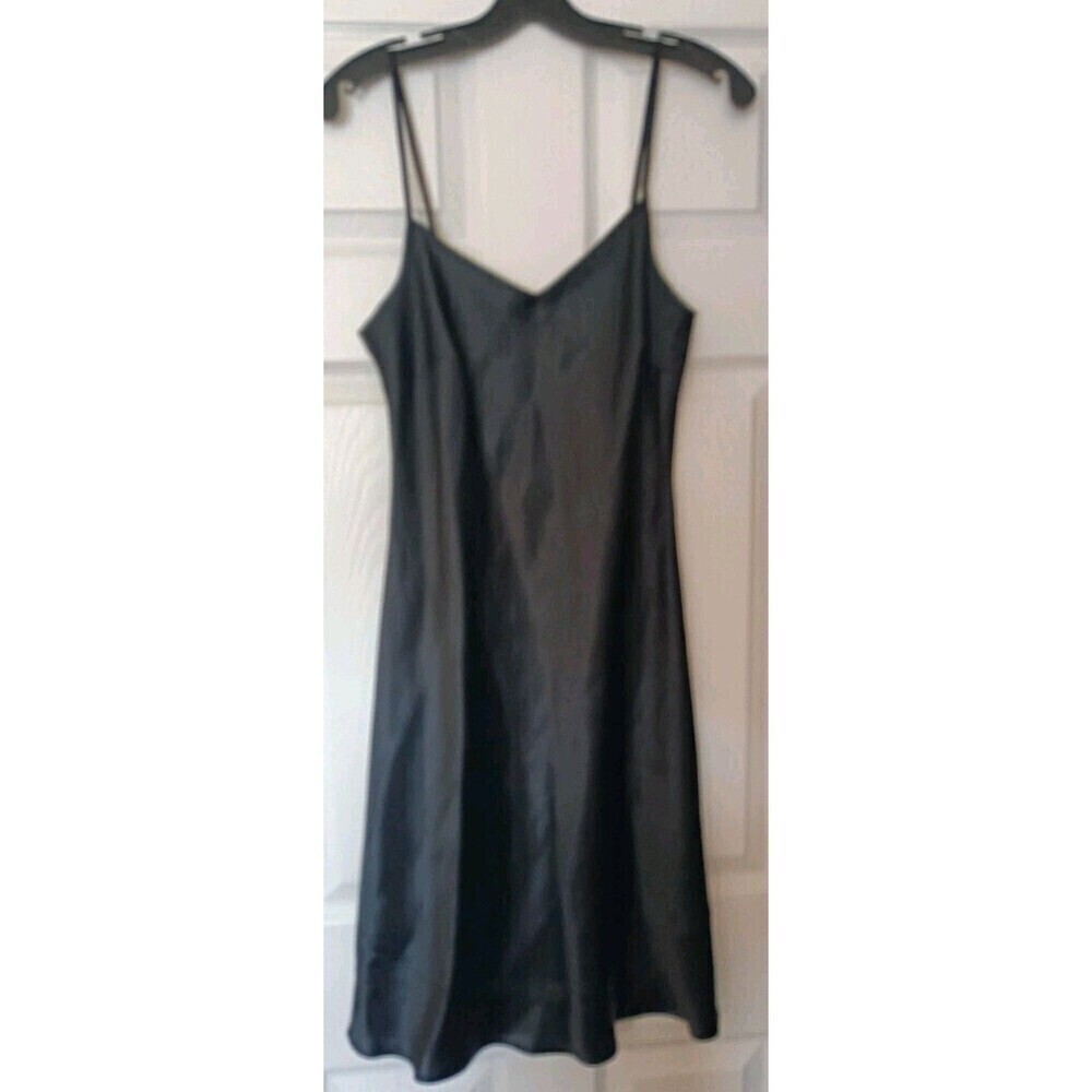 Vtg  Satin Full Slip Dress Black Size 6 V Neck Bias Cut Whimsigoth Fairy Vamp